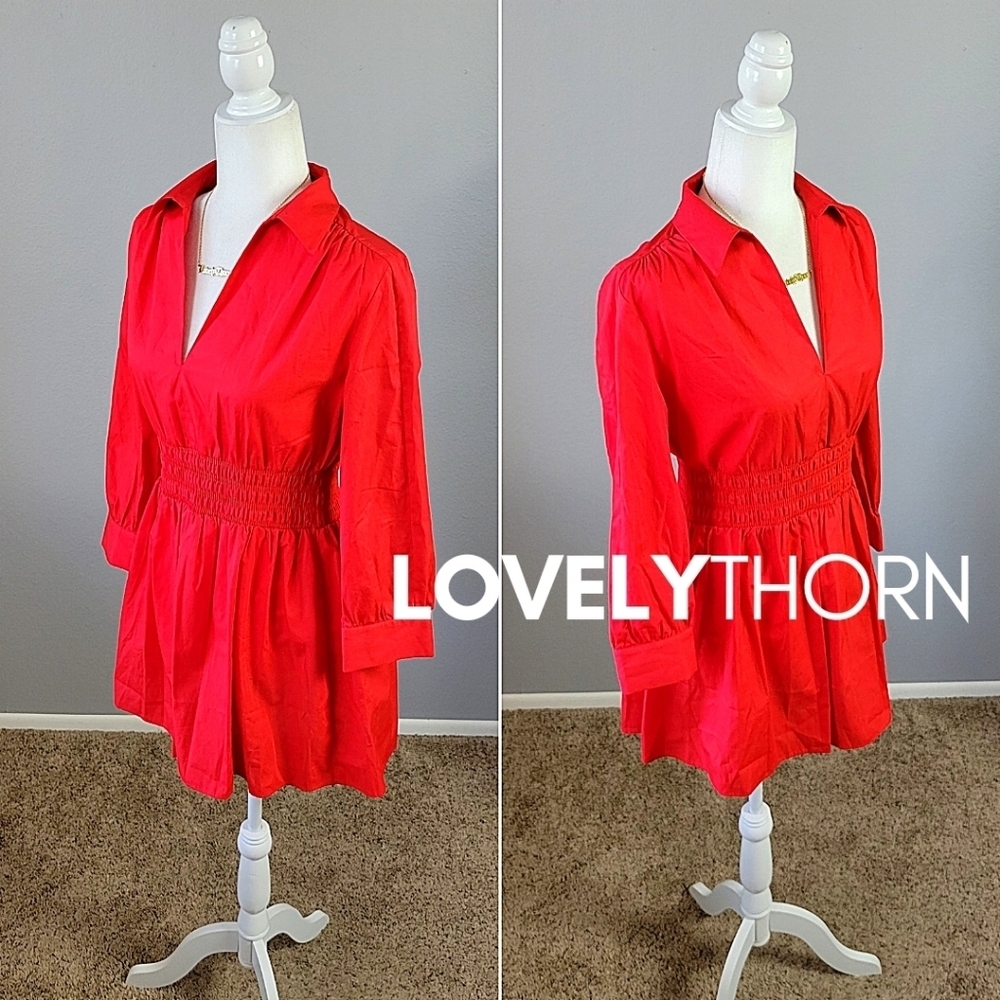 ZARA // retro-chic red poplin collar smock waist long sleeve plunge mini dress - Picture 4 of 16